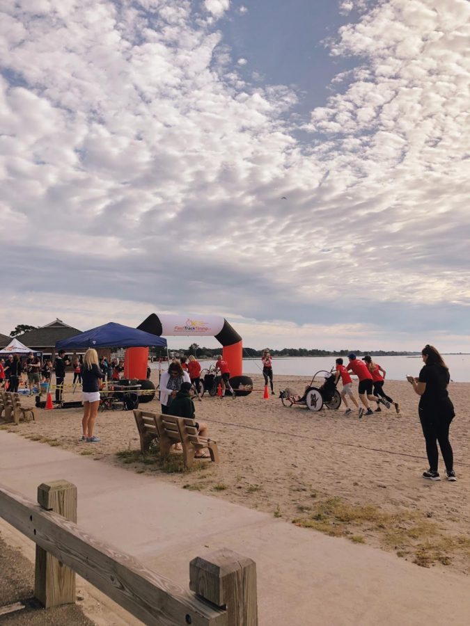 Participants of the annual 2019 Fairfield County Bank Westport Kiwanis Triathlon on Sept. 8, 2019 race to complete the event at Compo Beach in Westport, Connecticut.