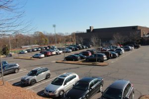 The swimming pool parking lot at Staples during the day, where there are plenty of empty spots.