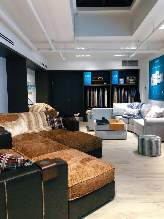 At the Westport showroom, Lovesac’s interior features the seven-seat ‘Sactional’ (left) and varieties of ‘Sacs,’ filled with proprietary Durafoam™ for extra comfort. 