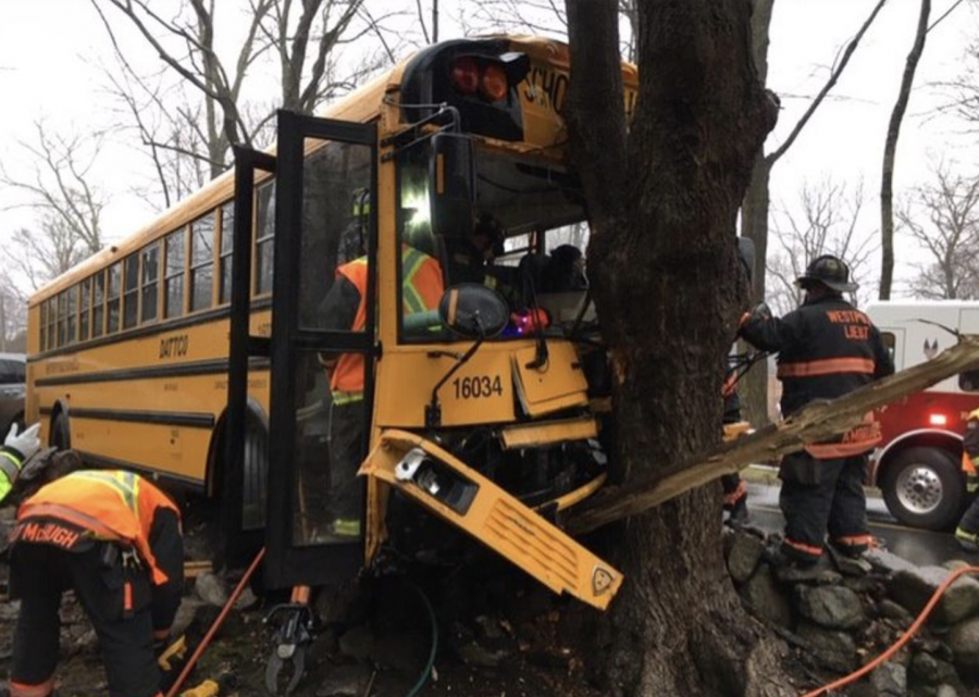 First+responders+attend+to+a+bus+that+crashed+into+a+tree+and+stone+wall+while+carrying+over+20+elementary+schoolers.+Several+of+the+kids+sustained+minor+injuries%2C+though+none+had+to+be+hospitalized.+The+driver+was+injured+and+taken+to+Norwalk+Hospital+by+EMS.