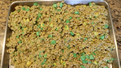 Limited edition St. Patricks Day Lucky Charms mixed with melted marshmallows to make an amazing dessert for the holiday. 