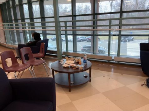 The bridge is a popular place during lunch periods, there are many tables and chairs to eat or hangout, however as the picture shows there was a large mess left by students which is one of the reasons students are supposed to eat in the cafe.