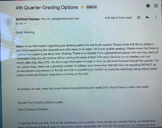 Students will have the option of choosing a pass/fail or letter grade report of their grades for the fourth quarter (Q4) marking period, the administration announced on April 5. 