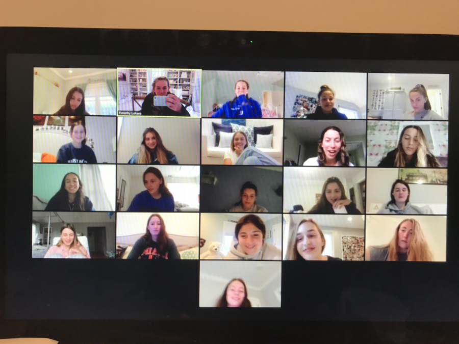 The girls’ lacrosse team gathered on Zoom on April 2 to catch up and share what they’ve been doing during this unprecedented time. The team meeting was led by the three captains: Kyle Kirby ’20, Kathleen Cozzi ’20 and Jane Lukens ’20. 
