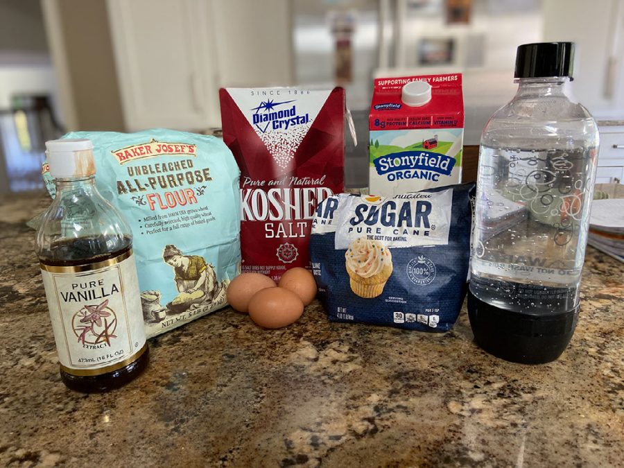 Ingredients include: three eggs, one cup milk, one-third cup club soda, one cup flour, three tablespoons sugar, three-fourths teaspoon salt and two tablespoons vanilla extract. 