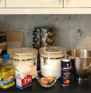 To make the dough for the Challah bread you will need: active dry or instant yeast, warm water, sugar, all-purpose flour, kosher salt, eggs, vegetable oil and additional sweetener. 