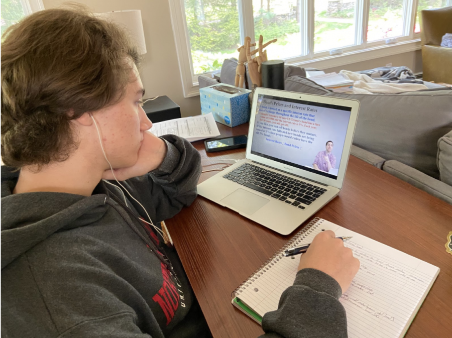 Dylan Hruskar ’20 doing his virtual learning schoolwork.
