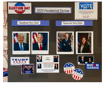 Social studies teacher Suzanne Kammerman’s classroom board depicts the Democratic and Republican tickets as well as dates for the online and absentee ballots and Presidential and Vice-presidential debates.