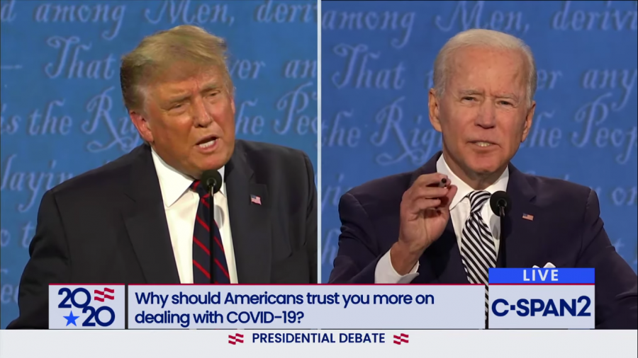 Trump interrupts Biden during his two minutes on the impact that the coronavirus has and the lives taken from the lack of action taken by the Trump administration. Image taken from taken from C-SPAN 

