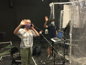 Players practice in booths in the black box theater to maintain social distancing. Pictured are Chloe Manna ’22 and Sebastian Gikas ’23.