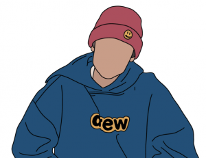 Justin Bieber, drawn by Molly Gold ’21, wearing his own clothing line, Drew House. 