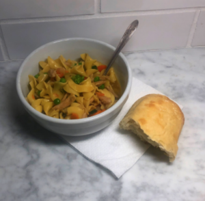 Leftover Thanksgiving turkey can easily be reused for this delicious egg noodle soup recipe.