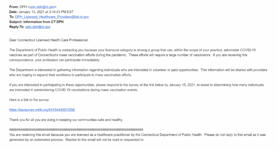 The Connecticut Department of Health informed certain health care professionals that they may participate in administering vaccines in an email on Jan. 13. Recipients were asked to respond by Jan. 15 if they decided to help assist in the vaccination efforts.
