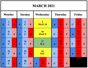 The new schedule provided by the school depicting the days in which each cohort goes into school in the month of March.