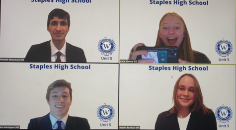Rishabh Mandayam ’21, Katie Simons ’22, Alex Harrington ’22, and Natalie Bandura ’22 prepare for the competition via Zoom. The group covered Unit 5, which focuses on freedom of speech and the right to privacy.