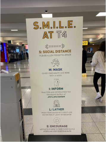 Due to the ongoing COVID-19 pandemic, there are safety and sanitary reminders all throughout airports. This includes reminders to wear masks, social distance and wash hands. 