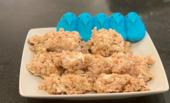 Peeps+rice+krispie+treats+have+been+the+latest+food+craze+on+social+media+platform+TikTok.+They+are+perfect+for+Easter+and+a+bit+sweeter+than+classic+rice+krispie+treats.