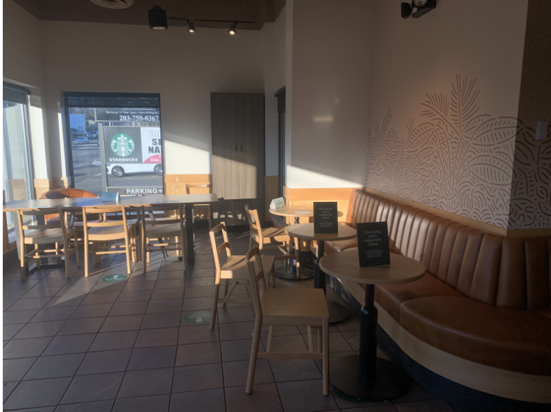 Starbucks+in+Norwalk%2C+Connecticut+has+reopened+its+seating+area+for+customers.+Spaced+out+tables+and+wearing+a+mask+when+not+eating+are+protocols+that+must+be+followed+to+ensure+safety.