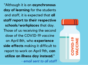 An email sent to all staff on April 5 specified that all staff members, including those who just received their second shots, are expected to work in person on the asynchronous Friday, April 9 following the district’s final second dose COVID-19 vaccine clinic.