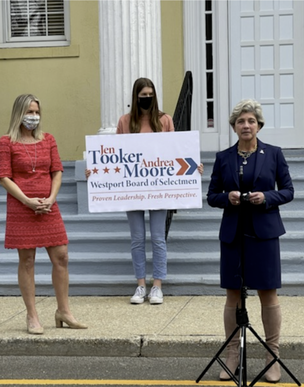 Current Second Selectwoman Jen Tooker announced that she has launched her campaign for First Selectwoman at 11 a.m. on April 9. Westport residents and local press gathered to watch Tooker in front of Town Hall.  