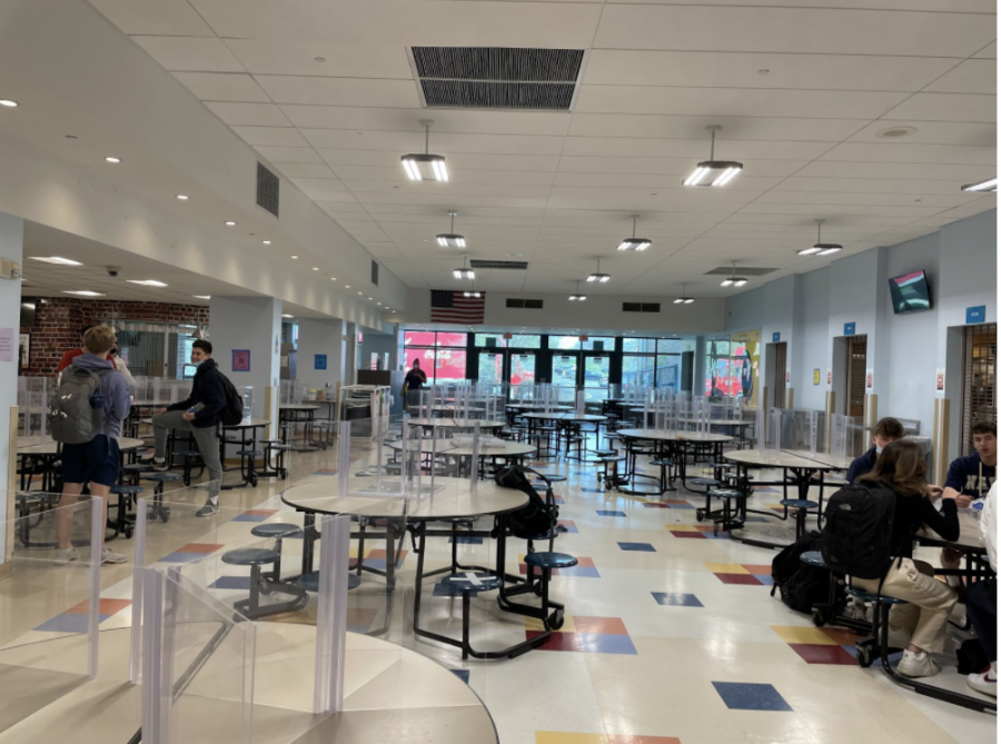Students gather in the cafeteria during free periods to do work during the 41 minute periods. The cafe is open, but there is no lunch period as school ends at 11 a.m. 