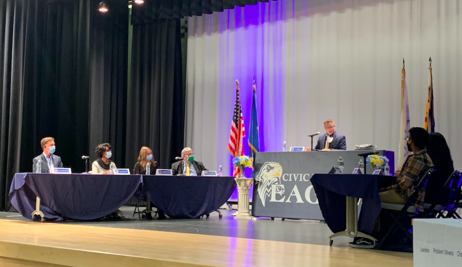 A panel of students from Civic Leadership High School along with Connecticut Board of Education Student Member Natalie Bandura discuss preliminary ideas for budgeting proposals at the Nov. 10 event.