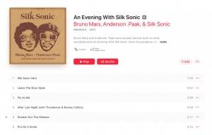 Bruno Mars’ new music album “An Evening With Silk Sonic” features nine songs, totaling 31 minutes. Each song is a segway into the next. The album was released on Nov. 12 2021 and is Bruno Mars’ first album of 2021.