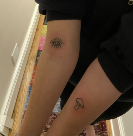 The stick and poke tattoo process has been around for hundreds of years and can last anywhere from 2-15 years. Alice Fielding ’22 has both professional and stick and pokes. These are two done by Nadia Avdiu ’22.