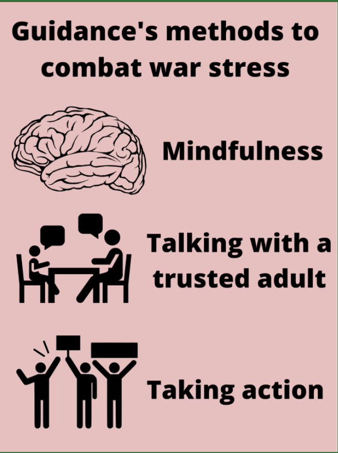 Guidance counselors recommend methods to mitigate war-induced stress, regardless of many students shying from opening up about the topic.

