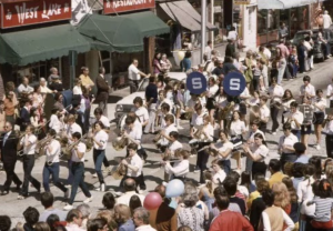 Staples High School marches in the Memorial Day parade in 1971. 
