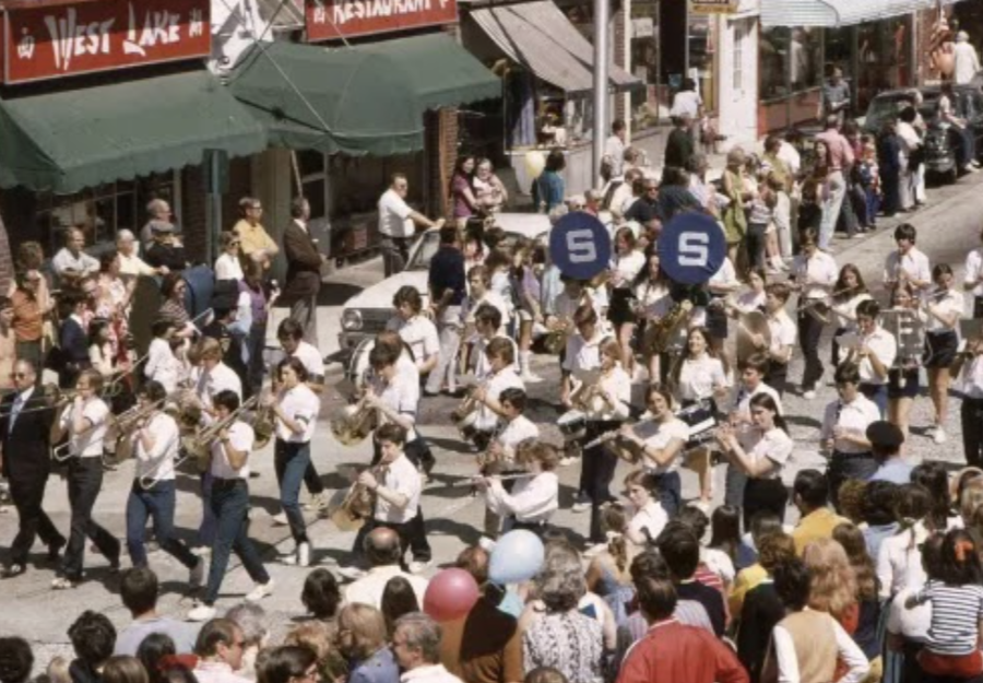 Staples High School marches in the Memorial Day parade in 1971. 