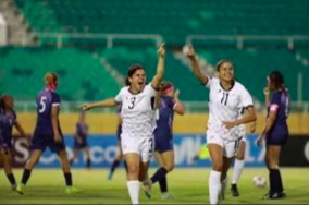 Evelyn Chudowsky ’24 celebrates a goal from her team in a game against Bermuda on April 28. 