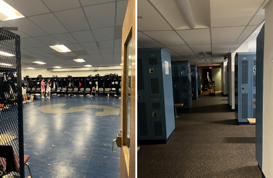 Staples boys’ football locker room (right) and the Staples girls locker room (left) are drastically different.