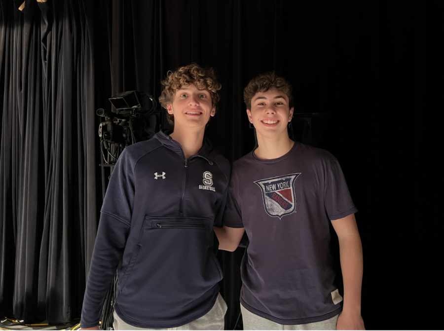 Gavin Rothenberg ’23 (left) and Charlie Honig ’23 (right) produce “The Clean Up Crew” in Staples’ radio production room. Their first episode was released in late October.