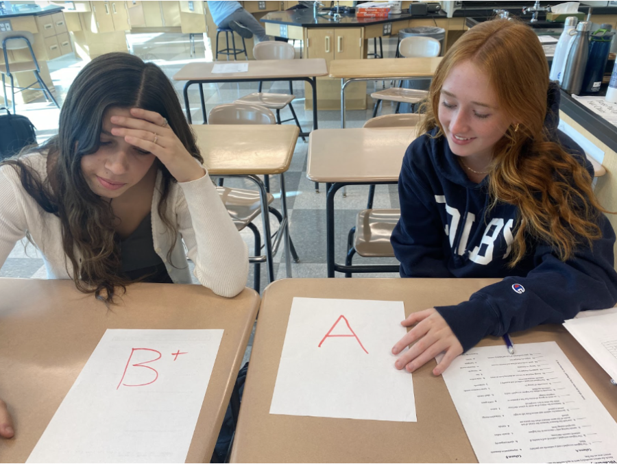 Two students receive their grades as one is disappointed about a perfectly good grade, the other beams in delight. 