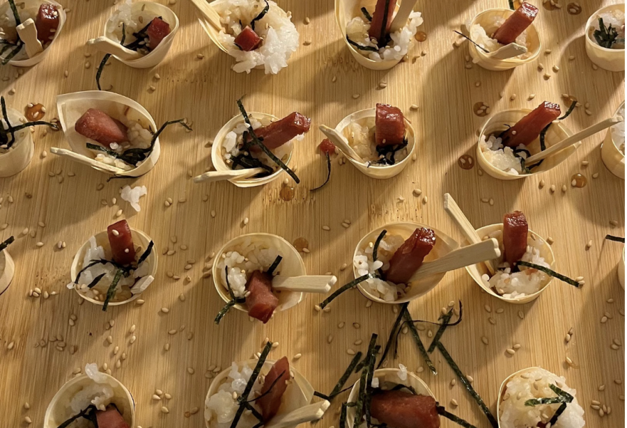 Chef Gans and her students spent weeks planning the event down to how each meal would be displayed, such as this spam misubi served in cones. 