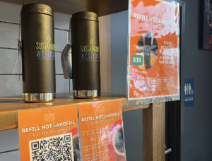 Sustainable Westport sells their own travel mugs at select locations including The Granola Bar, Old Mill Grocery, Shearwater, as well as some Thursdays at the Westport Farmers’ Market and the Earth Place gift shop. They retail for $35 a piece. 

