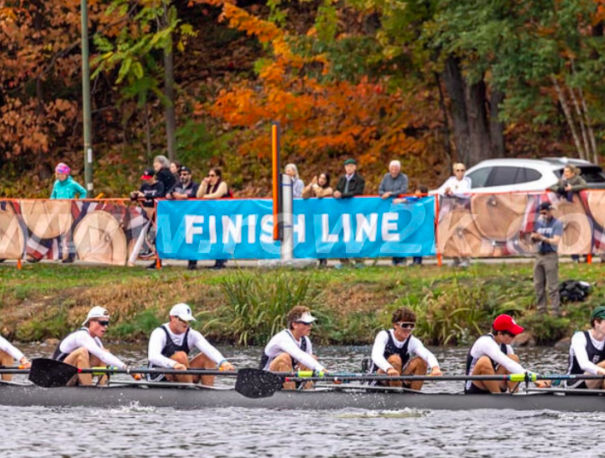 Cooper Levinson ’24 (in the middle) competes during the Head of the Charles rowing meet. 