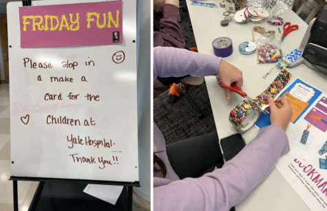 Students have the opportunity to participate in a Friday Funday activity each week during all three lunch waves in the library. Past activities have included making cards for children at Yale Hospital (left) and making duct tape wallets (right). 