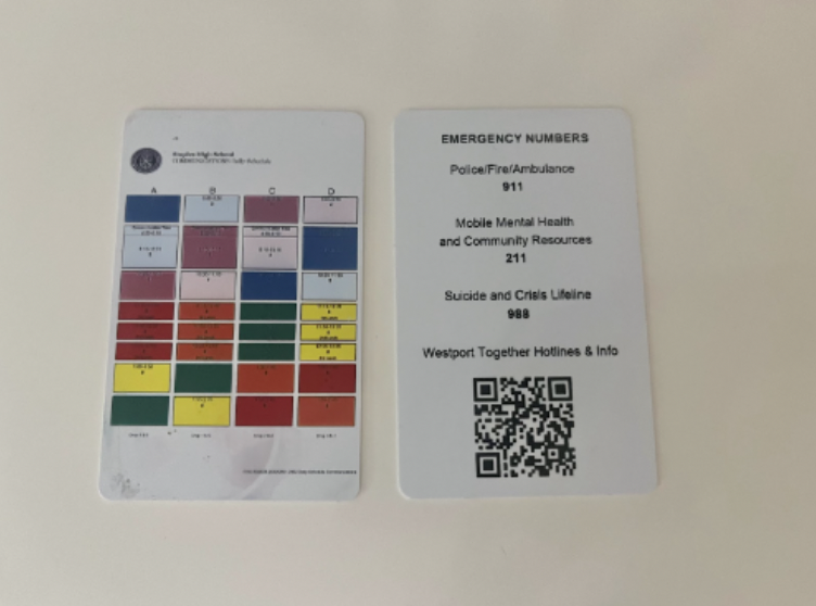 The 2022-2023 student ID cards (left) include the daily rotation schedule on the back. For the 2023-2024 student ID cards (right), this information is replaced by four emergency contacts, including the suicide and crisis lifeline.
