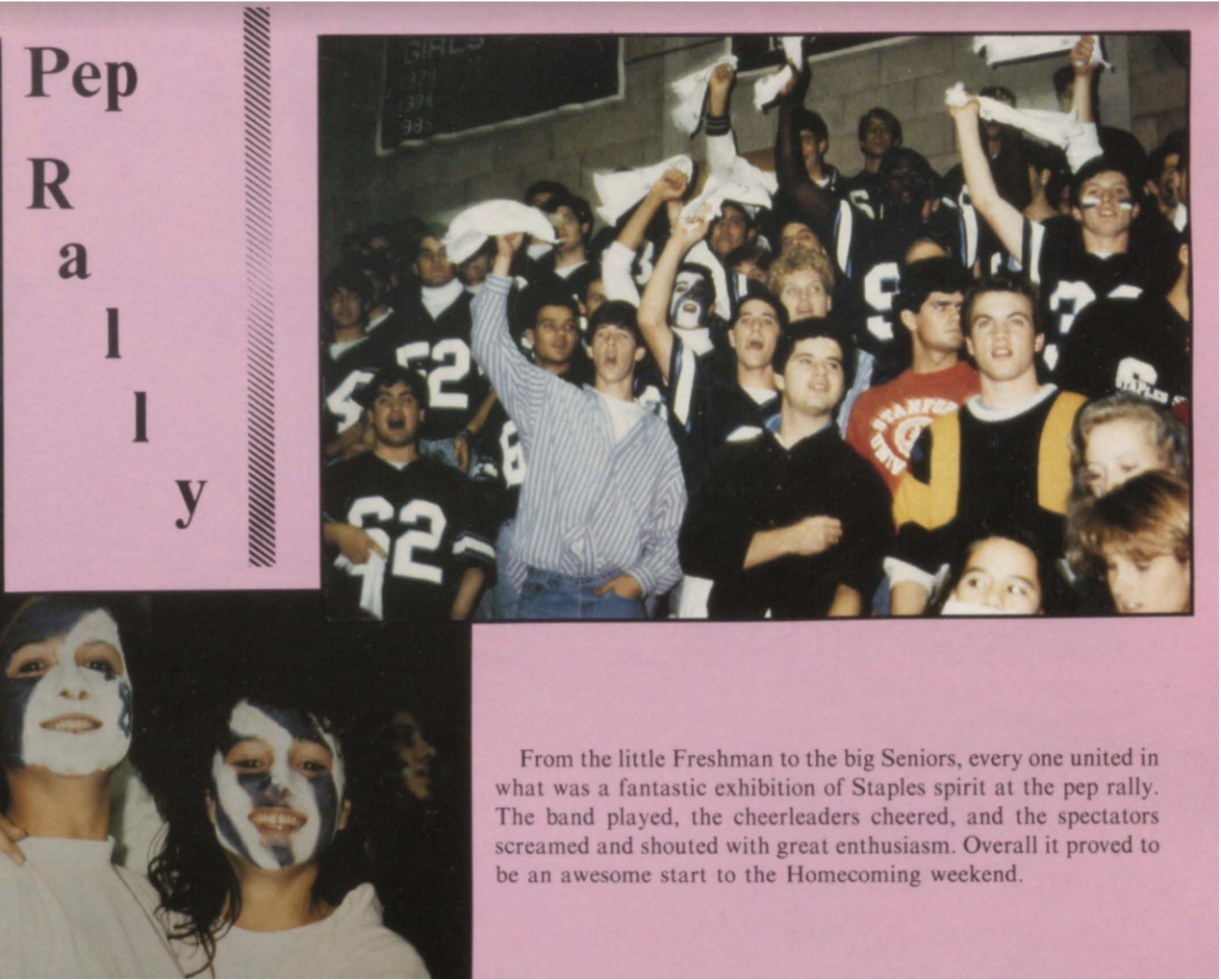 This is an image from Staples’ 1989 yearbook, featuring the popular event and encapsulating the excitement from the student section. 