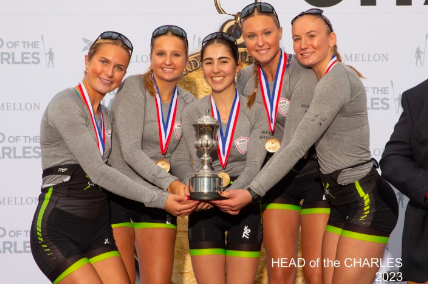 Izzy Khamish ’25 celebrates the first place win at the Head of the Charles Regatta with her crew. Pictured left to right: Caroline Krantz,  Izzy Khamish, Callaghan Nickerson, Sophie Bell and Annika Nelson.