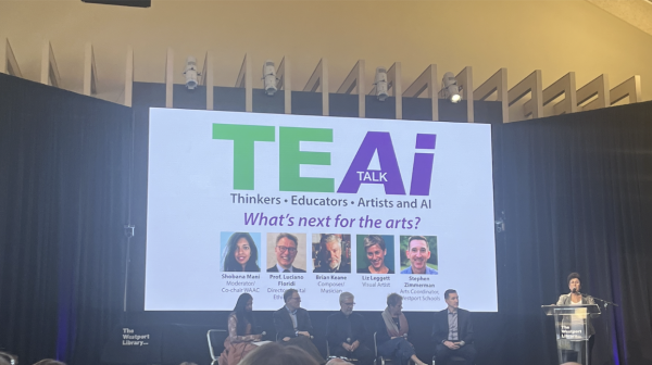 This starting slide introduces the panelists to the audience and prepares them to begin the AI Tea Talk. 