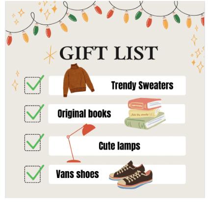 As the holidays approach, students reveal what they are wishing for this season. From sweaters to lamps to books, a variety of students will ask for different items this holiday season. 
