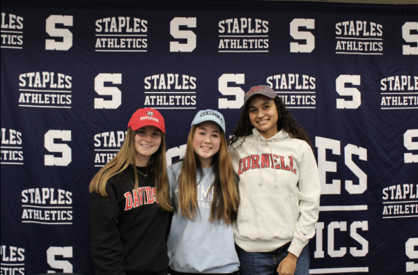 Keira Best ’24, Leigh Foran ’24 and Evelyn Chudowsky ’24 (left to right) signed their formal commitment to continue their athletic career in college.