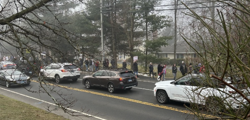 Protestors+gathered+in+front+of+Staples+across+the+street+from+the+main+entrance.+Cars+honked+to+show+their+support+towards+the+movement.+