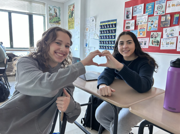 Staples students celebrate Valentines Day by spreading positivity and support to their peers and showing their love to those around them.  (Stella Libman ’24 left and Raquel Dembin ’24 right)