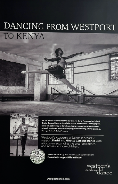 This publicity poster is hung up around Westport to raise support for choreographer David Fernandez’s work in Kenya. 