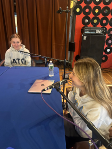 Marley Belzer ’26 (left) and Taylor Brunetti ’25 (right) record new podcast-style IMentor videos at Westport’s Touquet Hall

