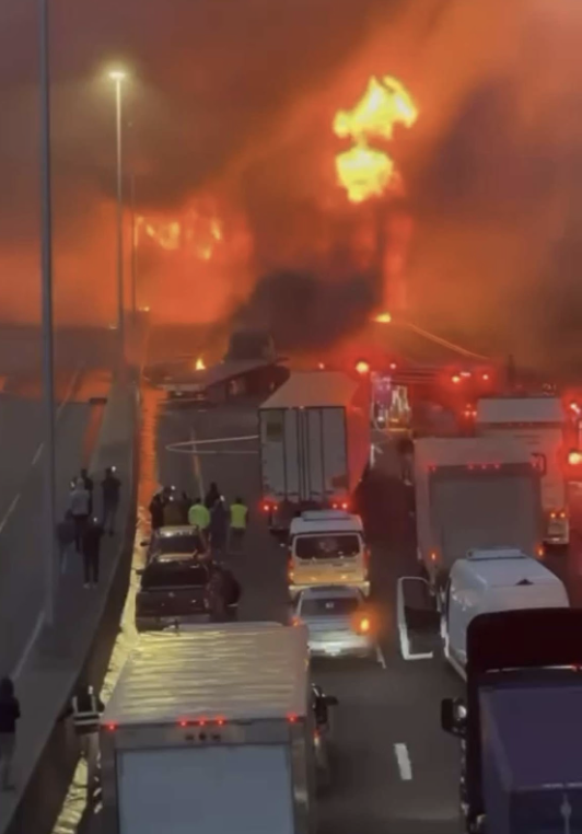 I-95 was shut down due to a three car collision. One of the trucks contained oil which led to a catastrophic fire, leading to the destruction and future rebuilding of the bridge located above the highway.